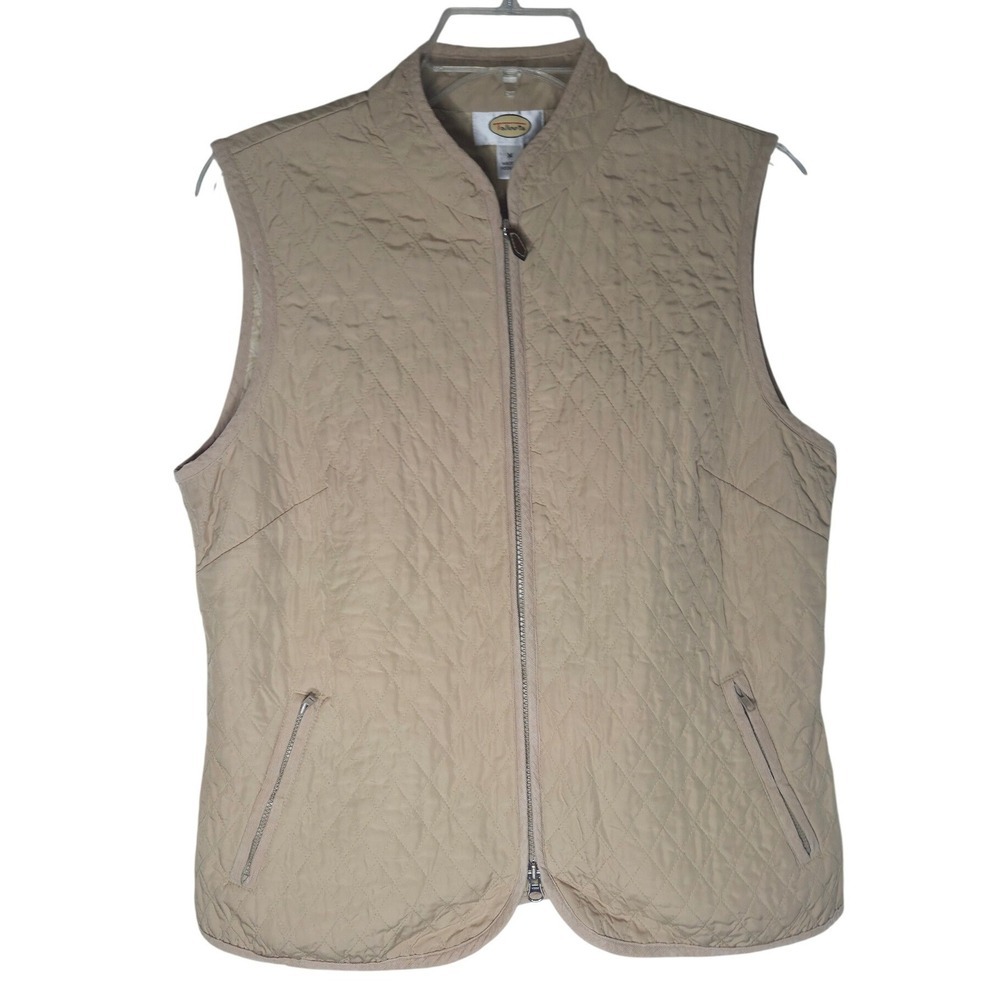 Talbots Womens Tan Quilted Full Zip Mock Neck Vest Beige Size M Equestrian